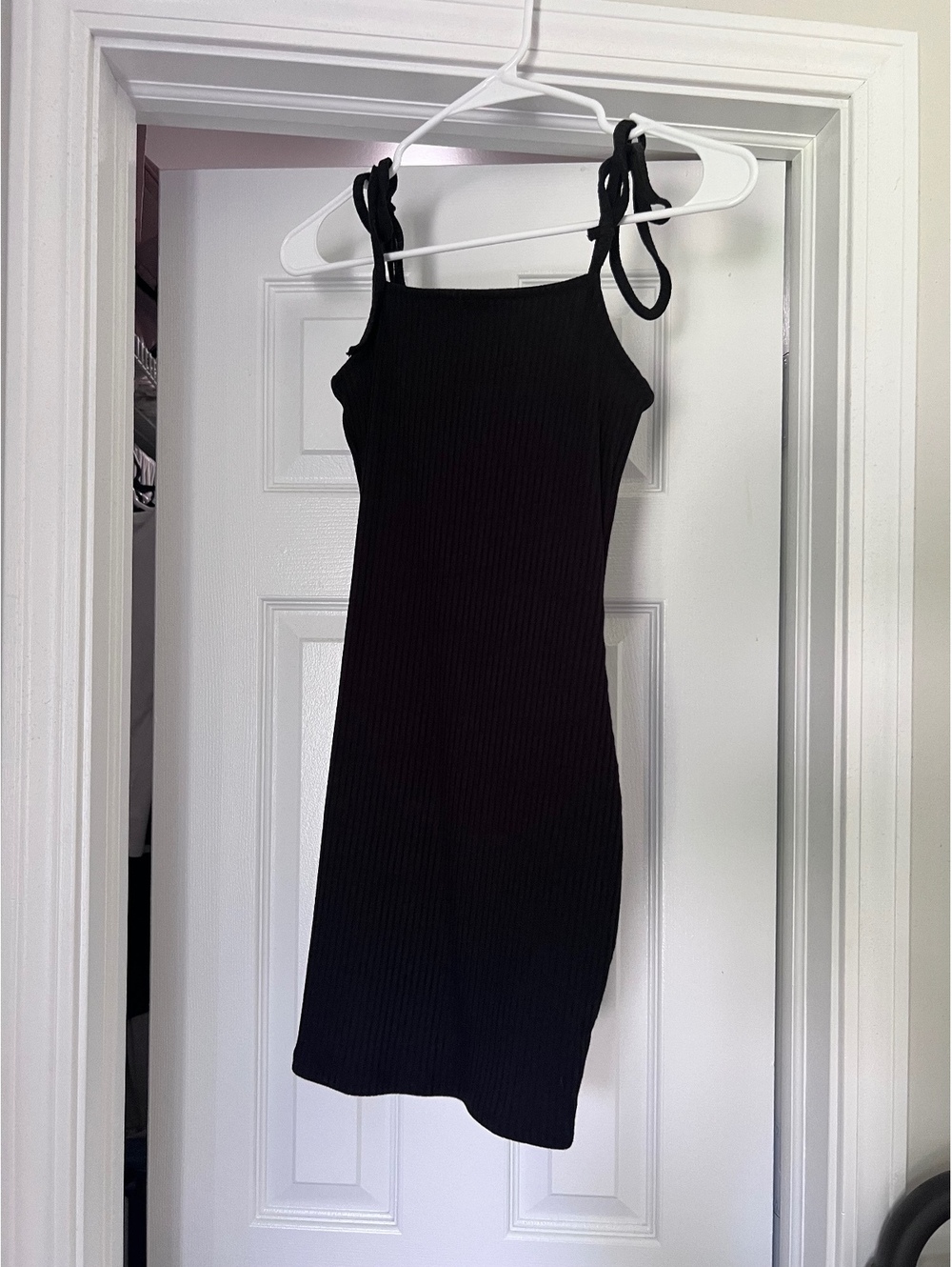 LA Hearts XS Ribbed Bodycon Dress with Tie Straps in Black